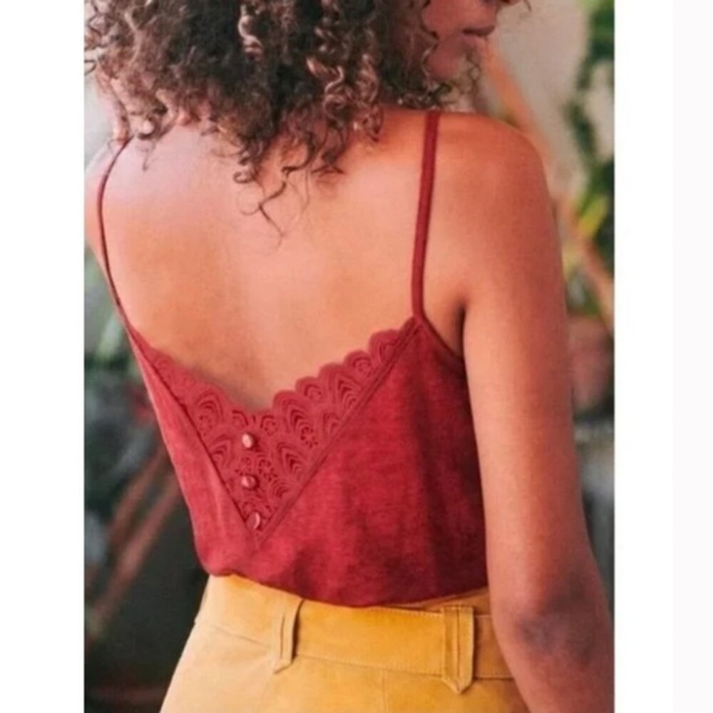 Sezane 100% Linen Elise Tank Top Lace Button Back Size XS French V-Neck Basic